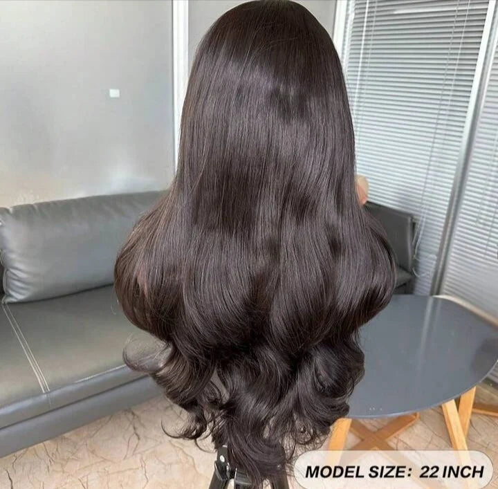 Natural Black Curtain Bangs Lace Front Wig – 22-Inch