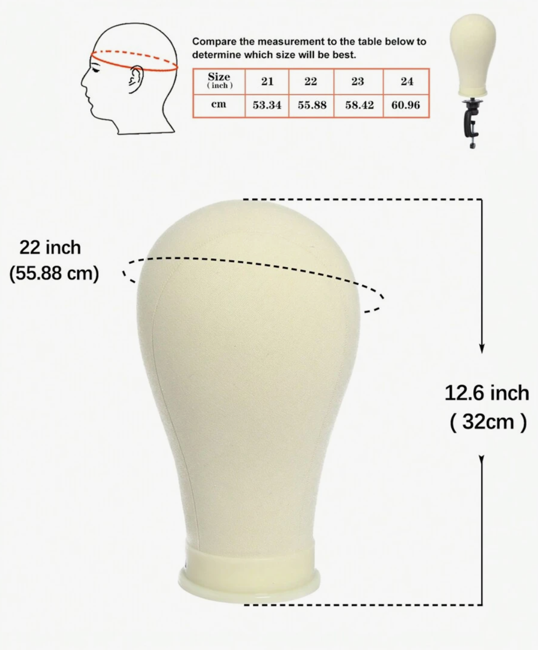 22-Inch Canvas Mannequin Wig Head with Holder