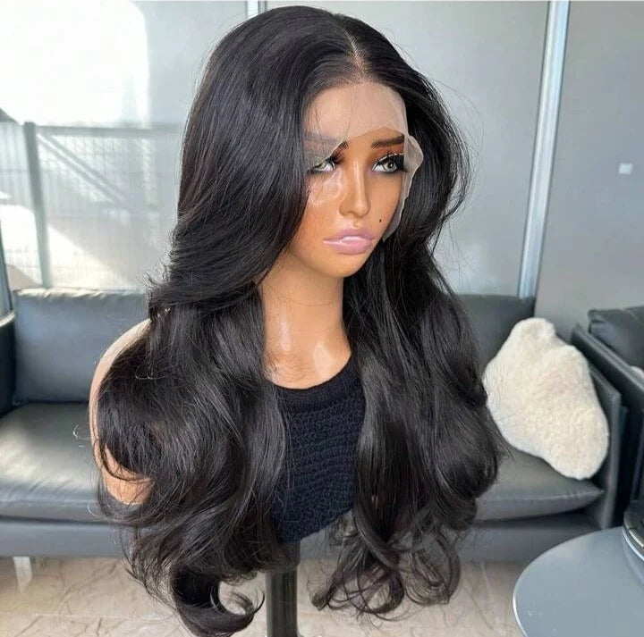 Natural Black Curtain Bangs Lace Front Wig – 22-Inch