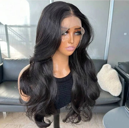 Natural Black Curtain Bangs Lace Front Wig – 22-Inch