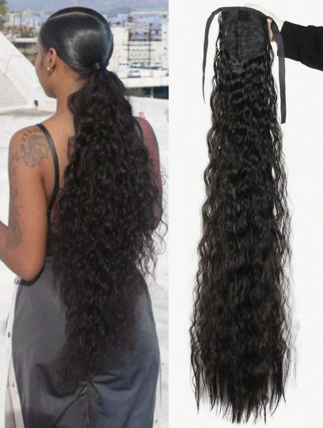 Long Black Corn Silk Ponytail Wig
