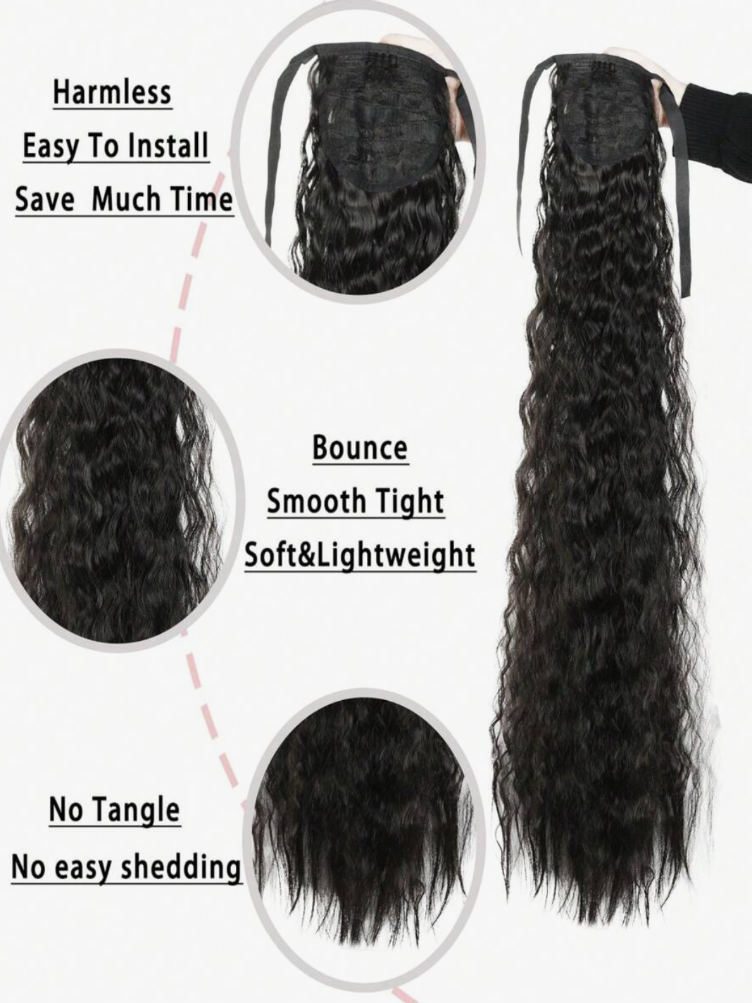 Long Black Corn Silk Ponytail Wig