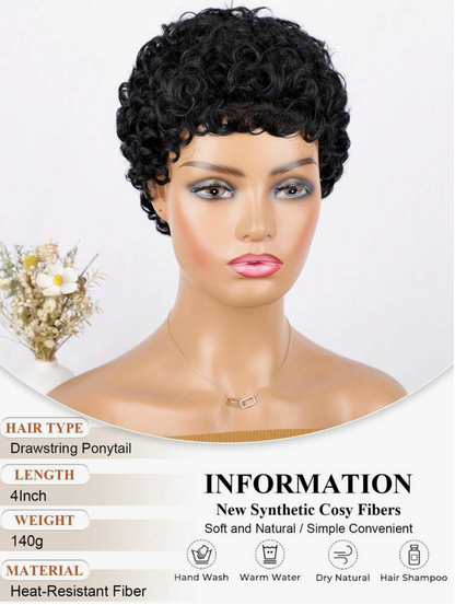 4-Inch Black Curly Pixie Cut Wig