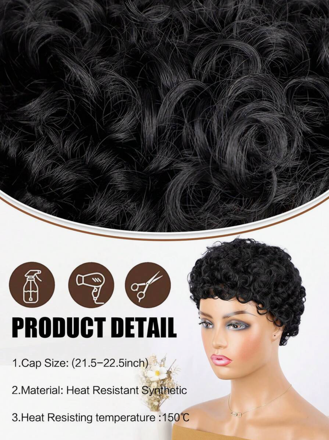 4-Inch Black Curly Pixie Cut Wig