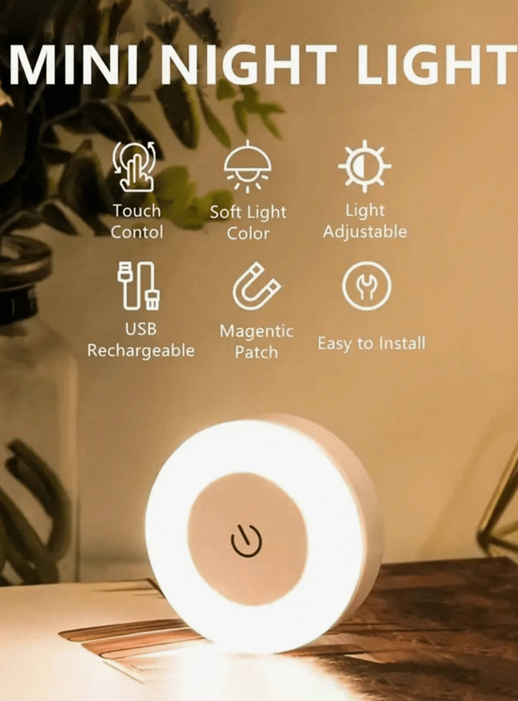 Dimmable LED Touch Night Light – Rechargeable Wireless Cabinet & Wall Light
