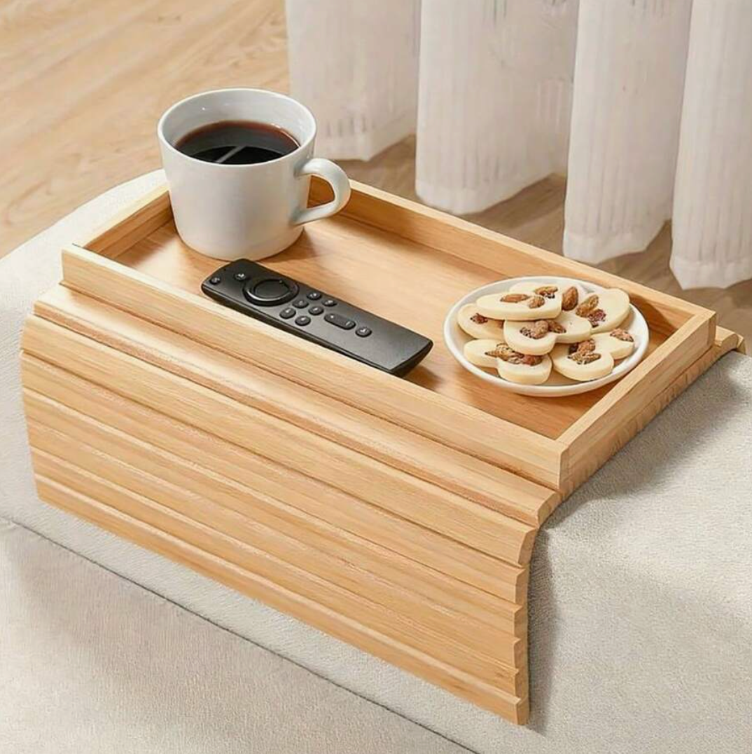Foldable Bamboo Sofa Armrest Tray – Non-Slip Couch Table with Cup Holder