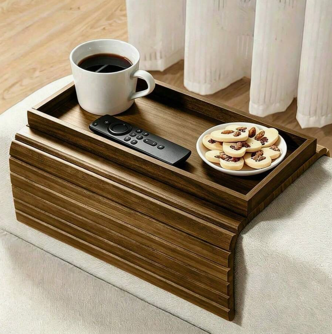 Foldable Bamboo Sofa Armrest Tray – Non-Slip Couch Table with Cup Holder