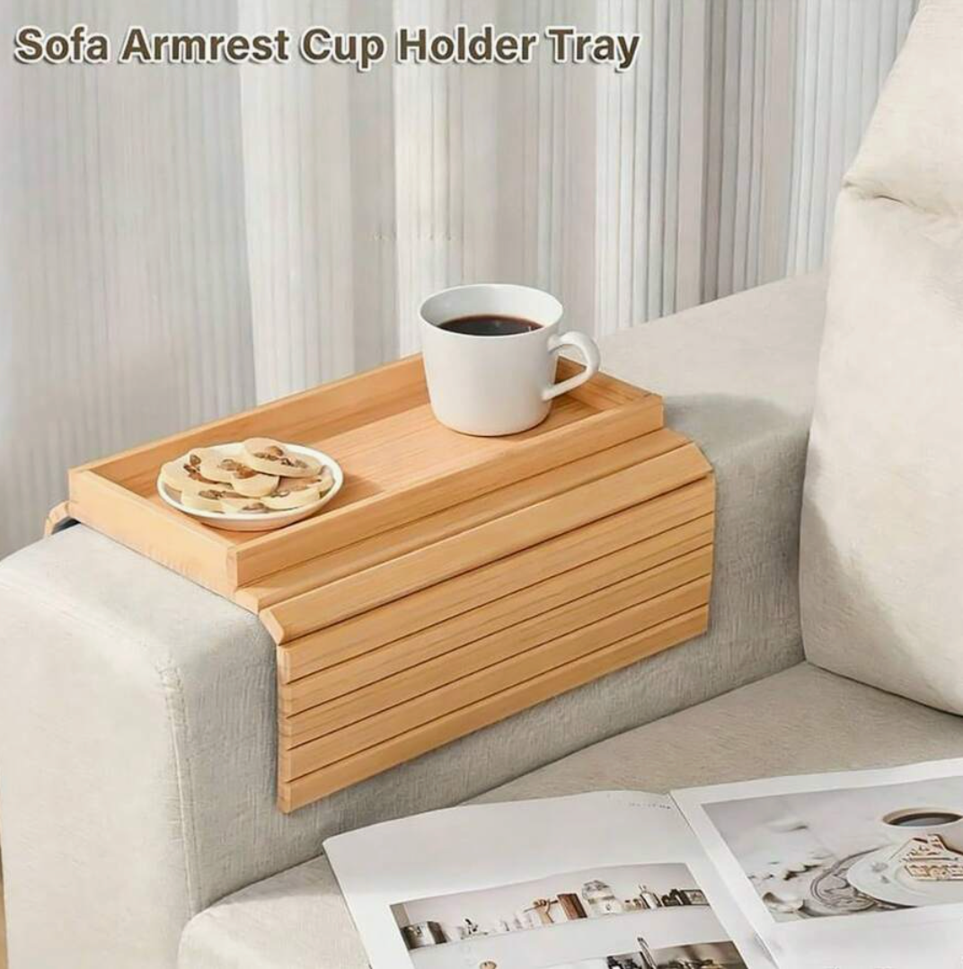 Foldable Bamboo Sofa Armrest Tray – Non-Slip Couch Table with Cup Holder