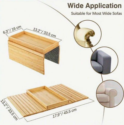 Foldable Bamboo Sofa Armrest Tray – Non-Slip Couch Table with Cup Holder