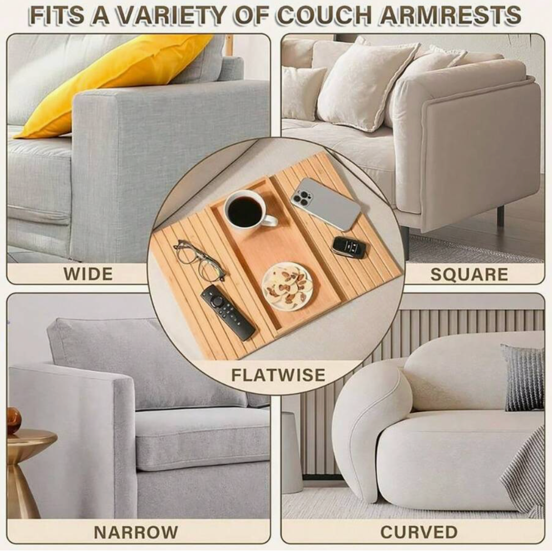 Foldable Bamboo Sofa Armrest Tray – Non-Slip Couch Table with Cup Holder