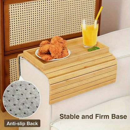 Foldable Bamboo Sofa Armrest Tray – Non-Slip Couch Table with Cup Holder