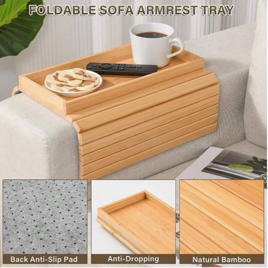Foldable Bamboo Sofa Armrest Tray – Non-Slip Couch Table with Cup Holder