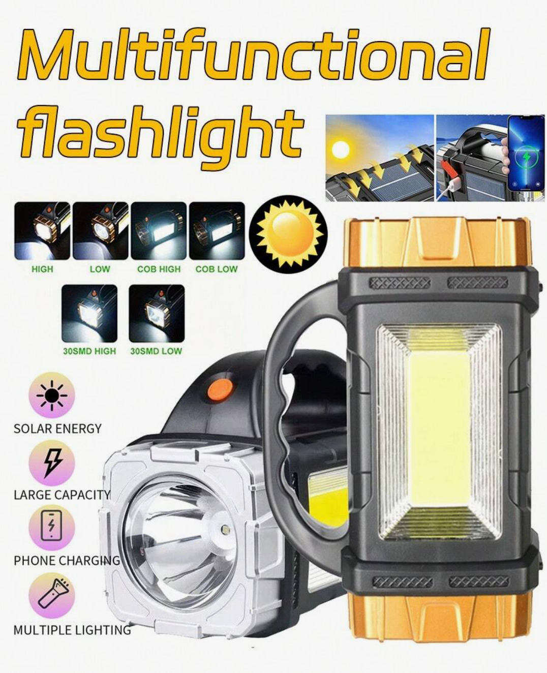 Rechargeable LED Flashlight – 1800-Lumen Solar COB Tactical Torch with 6 Modes