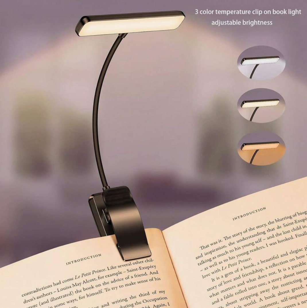 Rechargeable LED Book Light – 3-Colour Dimmable Clip-On Reading Lamp