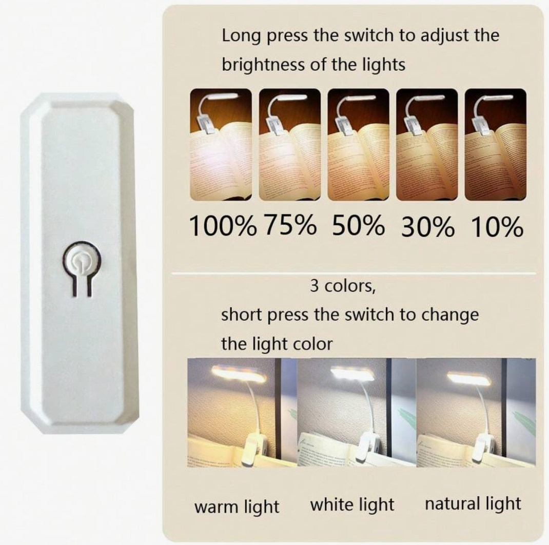 Rechargeable LED Book Light – 3-Colour Dimmable Clip-On Reading Lamp