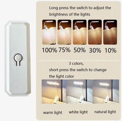 Rechargeable LED Book Light – 3-Colour Dimmable Clip-On Reading Lamp