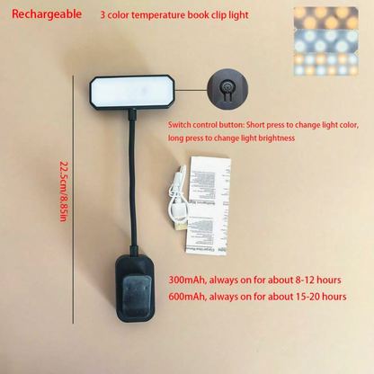 Rechargeable LED Book Light – 3-Colour Dimmable Clip-On Reading Lamp