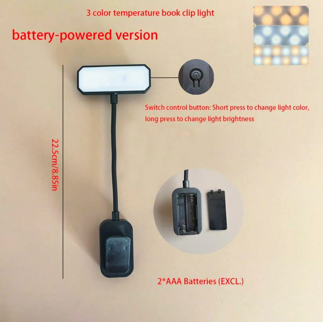 Rechargeable LED Book Light – 3-Colour Dimmable Clip-On Reading Lamp