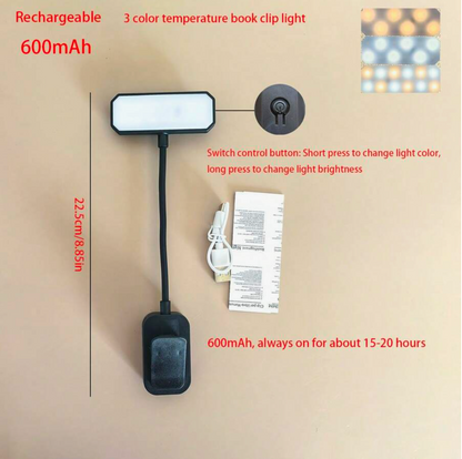 Rechargeable LED Book Light – 3-Colour Dimmable Clip-On Reading Lamp
