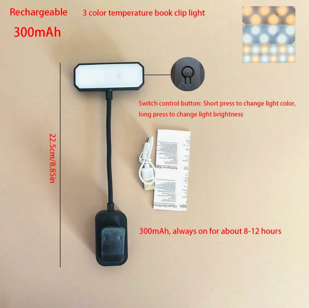 Rechargeable LED Book Light – 3-Colour Dimmable Clip-On Reading Lamp
