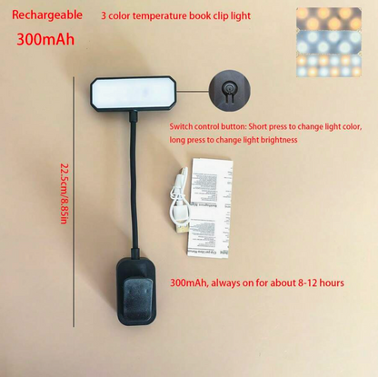 Rechargeable LED Book Light – 3-Colour Dimmable Clip-On Reading Lamp
