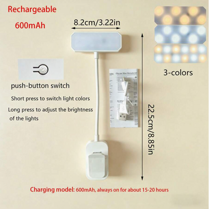 Rechargeable LED Book Light – 3-Colour Dimmable Clip-On Reading Lamp