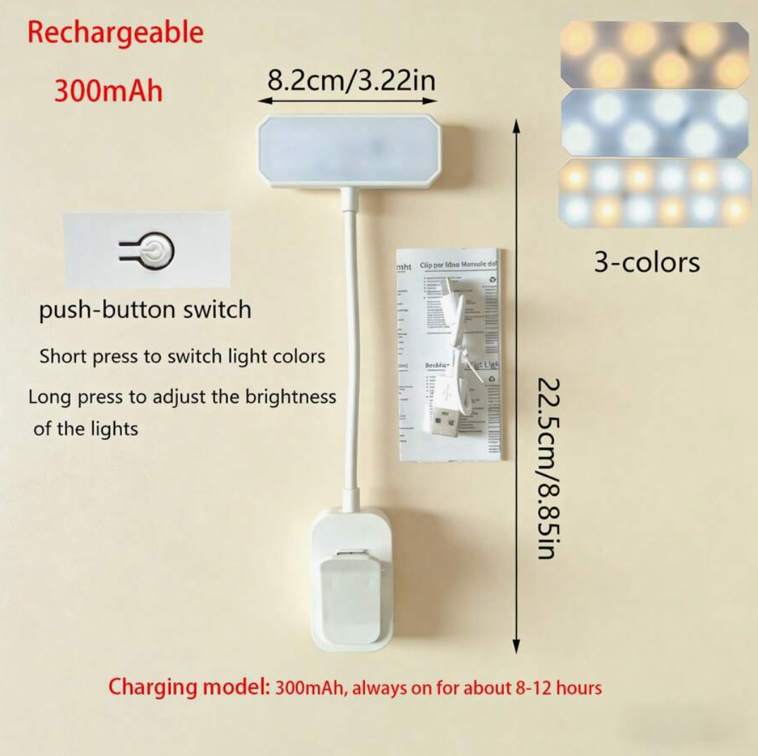 Rechargeable LED Book Light – 3-Colour Dimmable Clip-On Reading Lamp