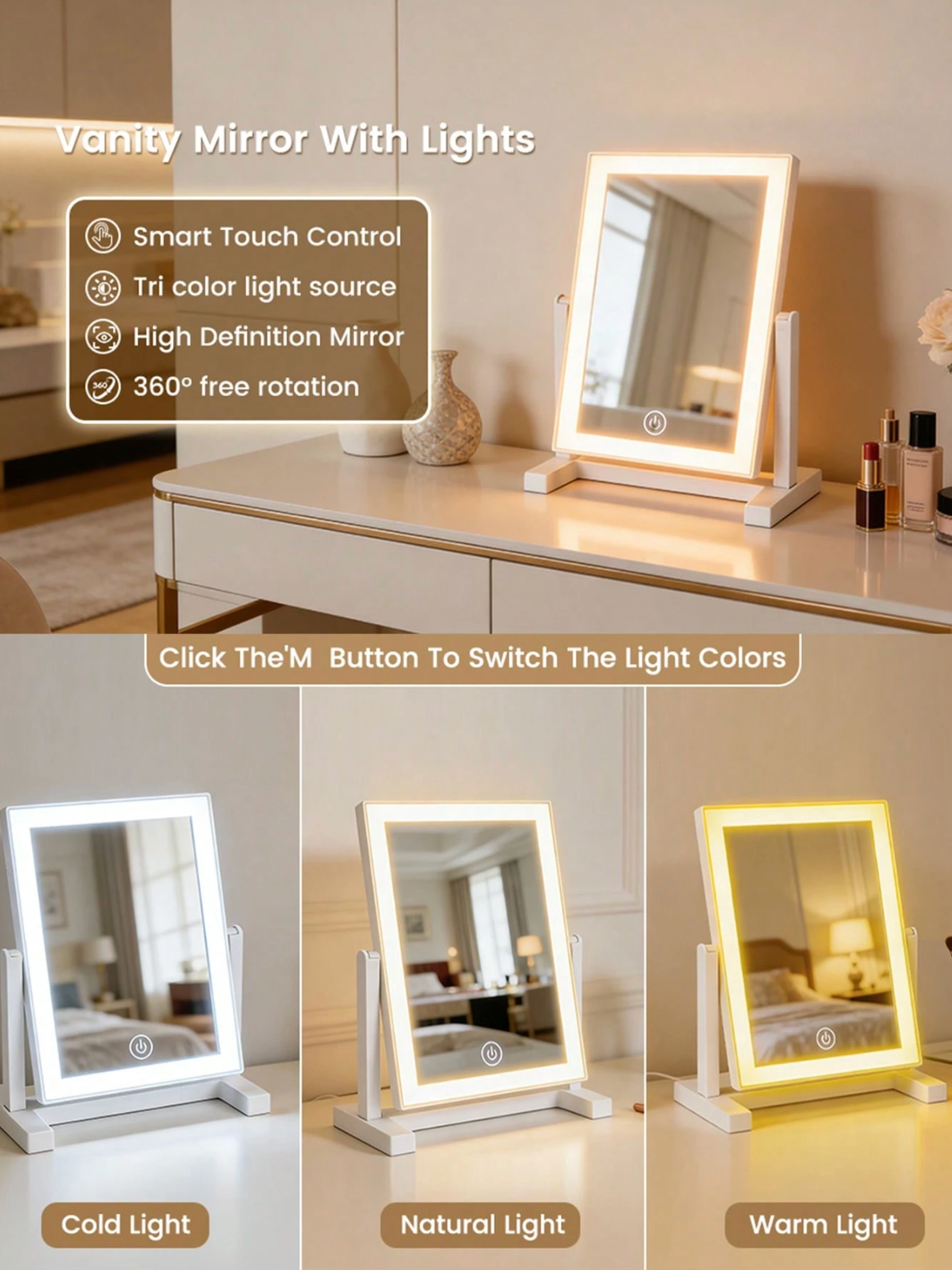 3-Colour LED Makeup Mirror – Rechargeable Folding Touch-Control Vanity Mirror