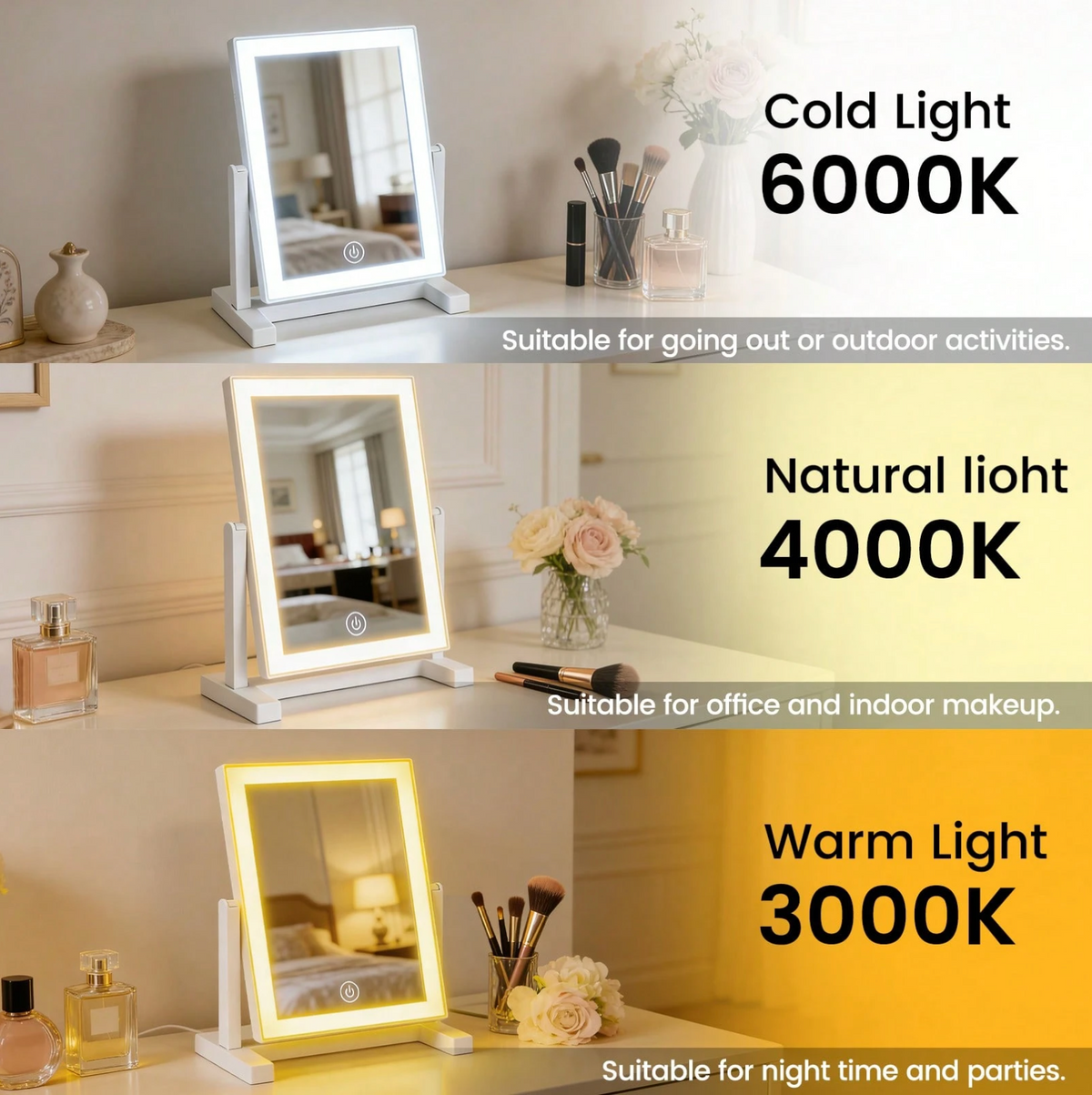 3-Colour LED Makeup Mirror – Rechargeable Folding Touch-Control Vanity Mirror