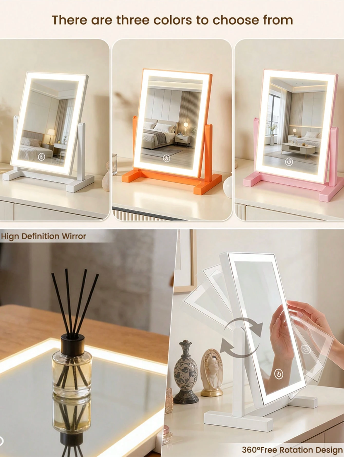 3-Colour LED Makeup Mirror – Rechargeable Folding Touch-Control Vanity Mirror