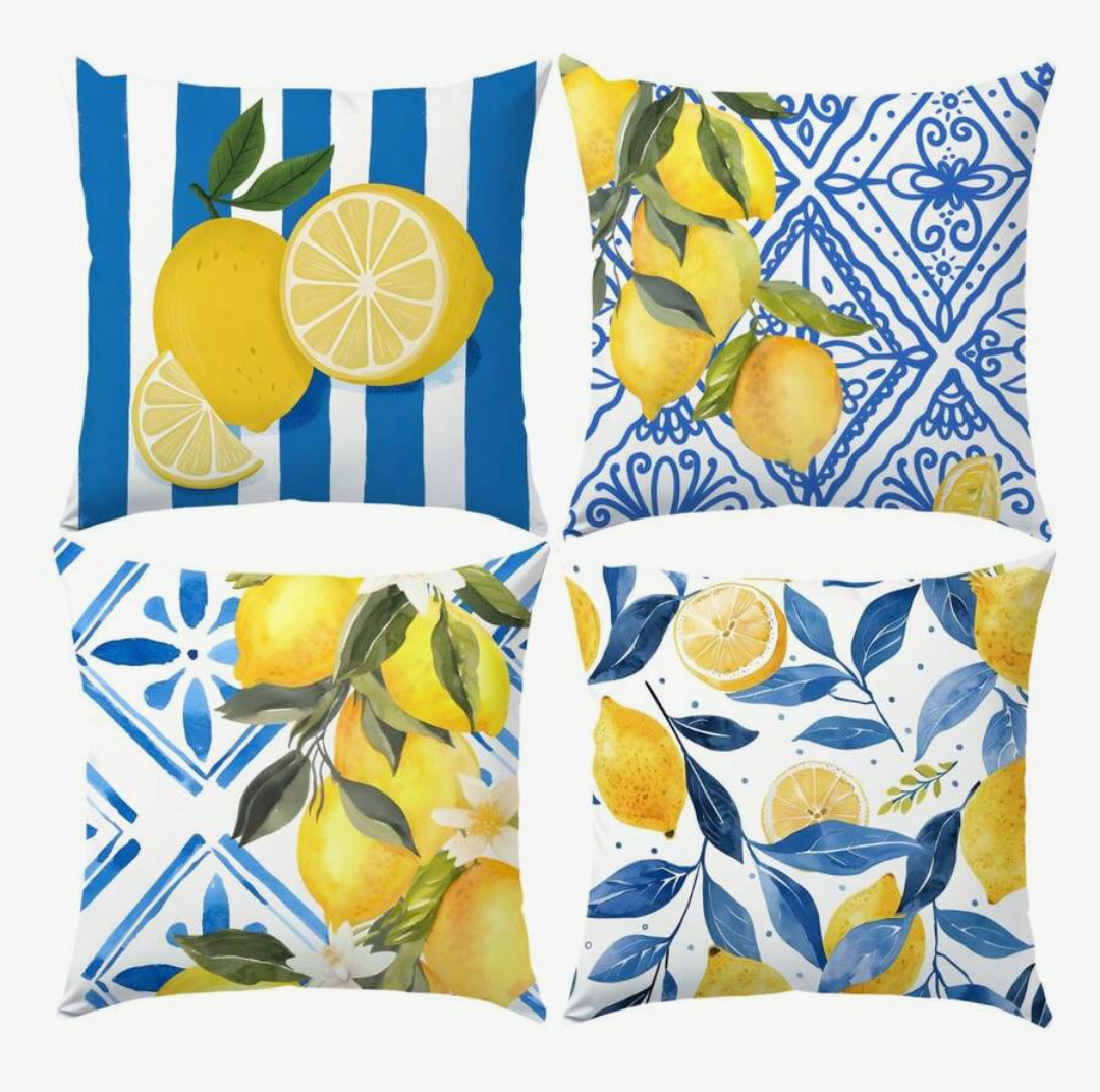 Blue Lemon Decorative Cushion Covers – 4 Piece Summer Pillow Cover Set