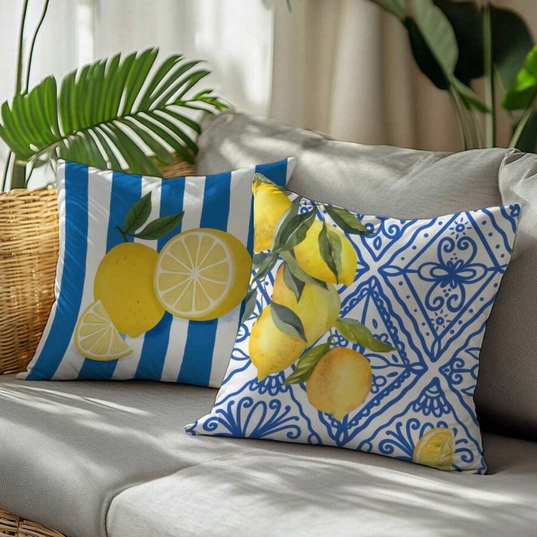 Blue Lemon Decorative Cushion Covers – 4 Piece Summer Pillow Cover Set