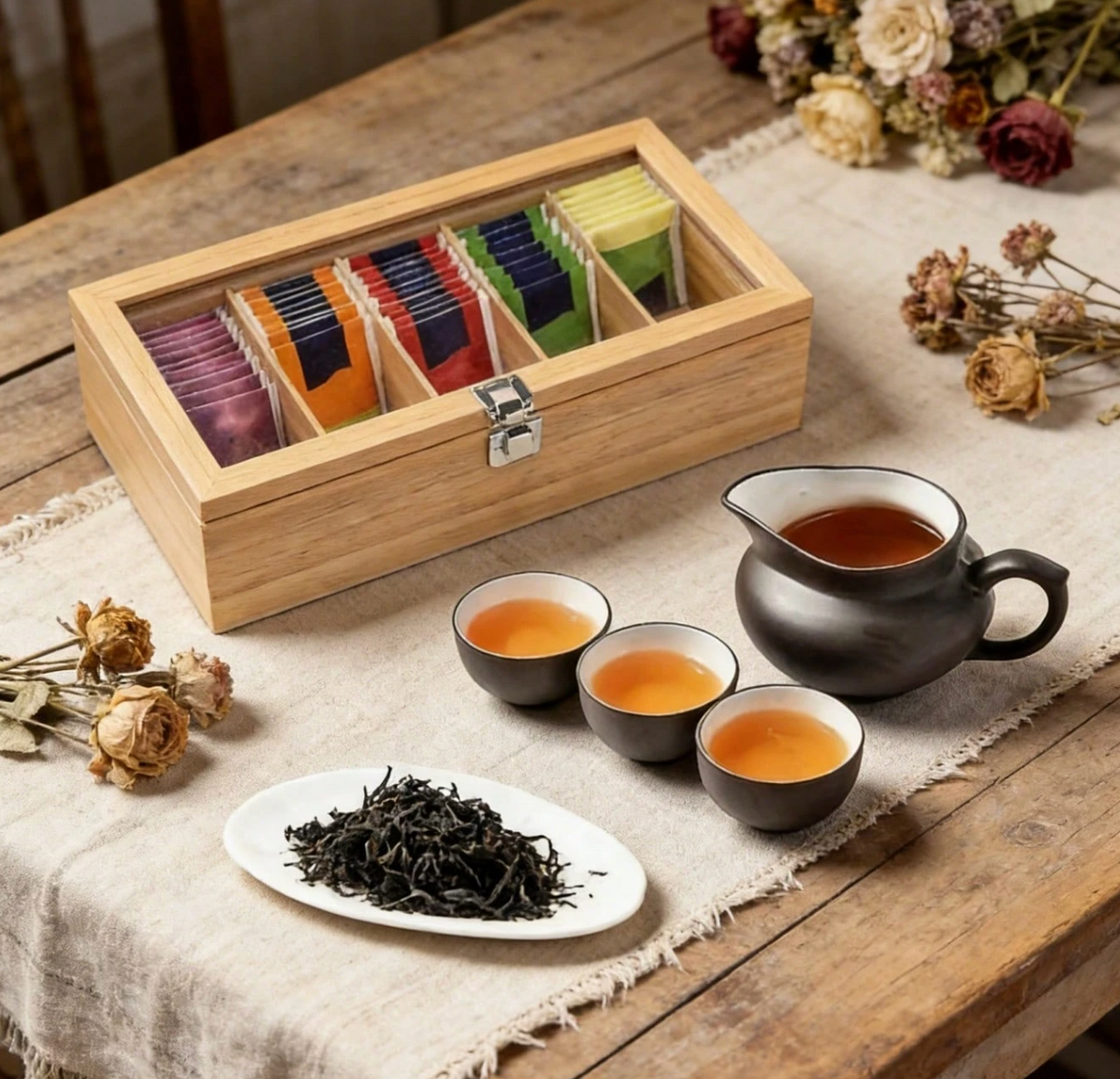Wooden Tea Bag Storage Box with Shelves
