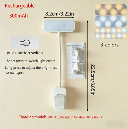Rechargeable LED Book Light – 3-Colour Dimmable Clip-On Reading Lamp